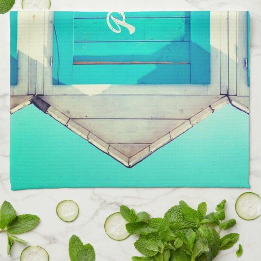 Vakantie aan het strand cabana turquoise wit theedoek (Gevouwen)