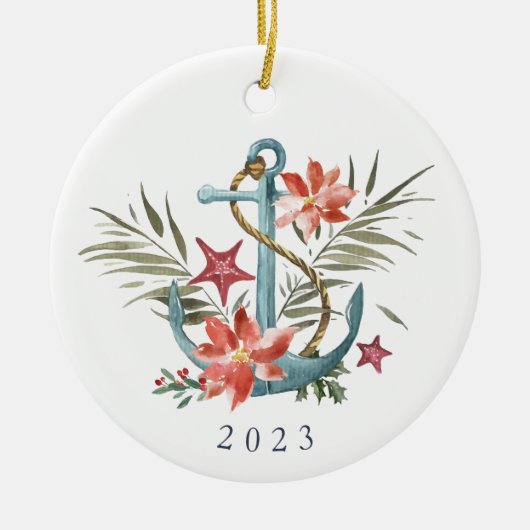 Vakantie aan zee | nautisch anker jaar & foto keramisch ornament (Voorkant)