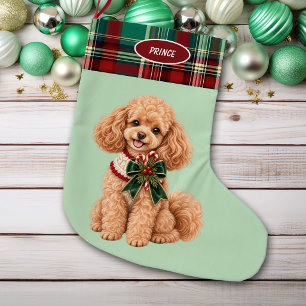 Vakantie Abrikozen Poodle Hond Geruite Rand Grote Kerstsok