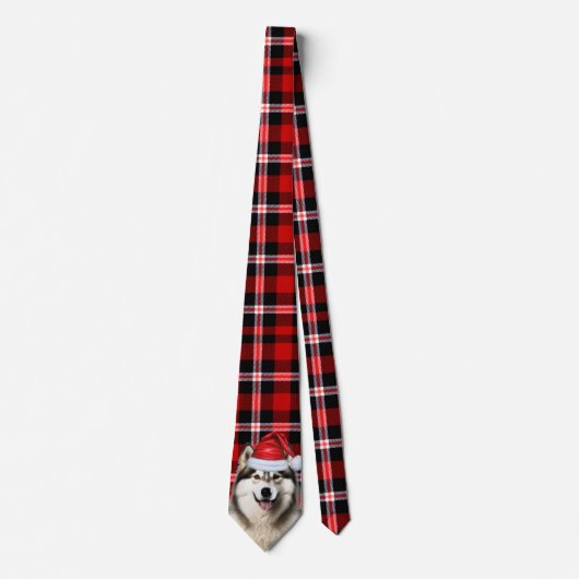 Vakantie Alaskan Malamute Rood Wit Plaid Kerstmis Stropdas (Voorkant)