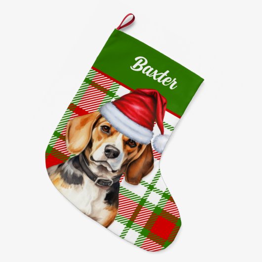 Vakantie Beagle Red Green Plaid met de naam van de Grote Kerstsok (Voorkant (Hangend))