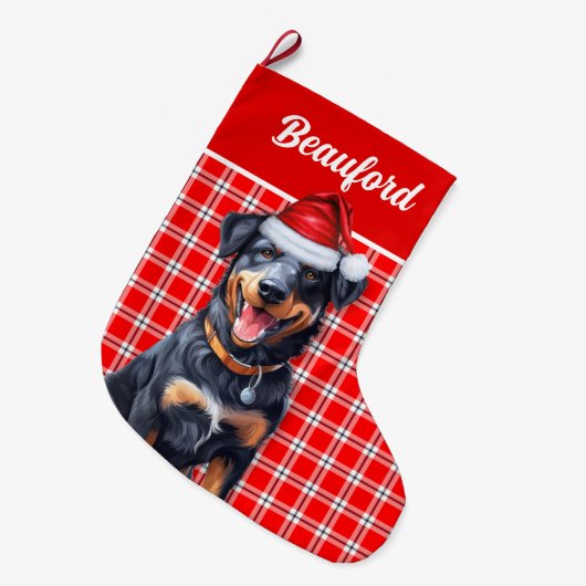 Vakantie Beauceron Red Plaid met de naam van de ho Grote Kerstsok (Voorkant (Hangend))
