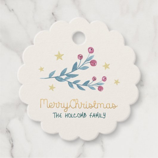 Vakantie bessen en sterren gouden kerst bedankjes labels (Voorkant)