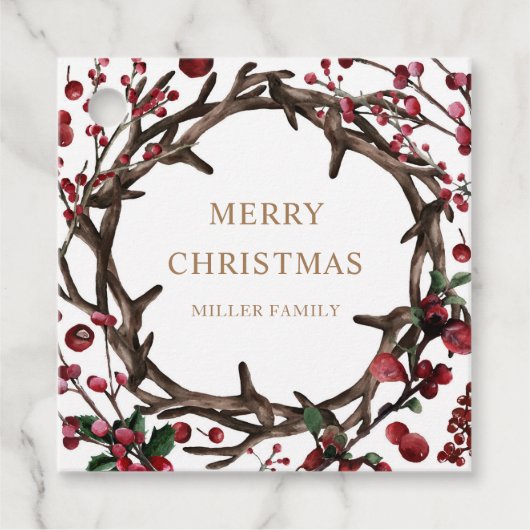 Vakantie Bessen Vrolijk Kerstmis Familie Monogram Bedankjes Labels (Voorkant)