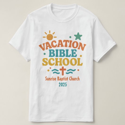 Vakantie Bijbel School Kerknaam & Jaar Sun VBS T-shirt (Design voorkant)