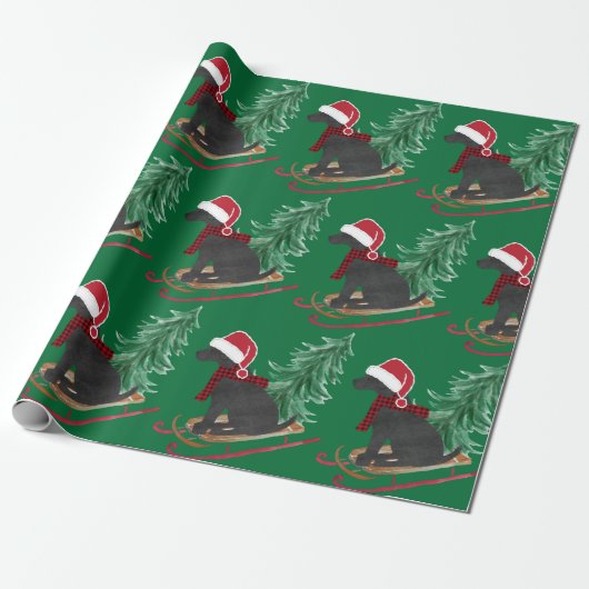 Vakantie Black Lab Xmas Tree Sled Cadeaupapier (Uitgerold)