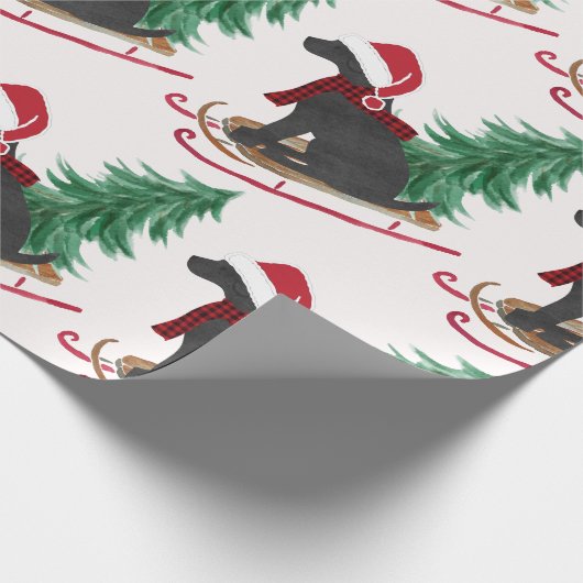 Vakantie Black Lab Xmas Tree Sled Cadeaupapier (Hoek)