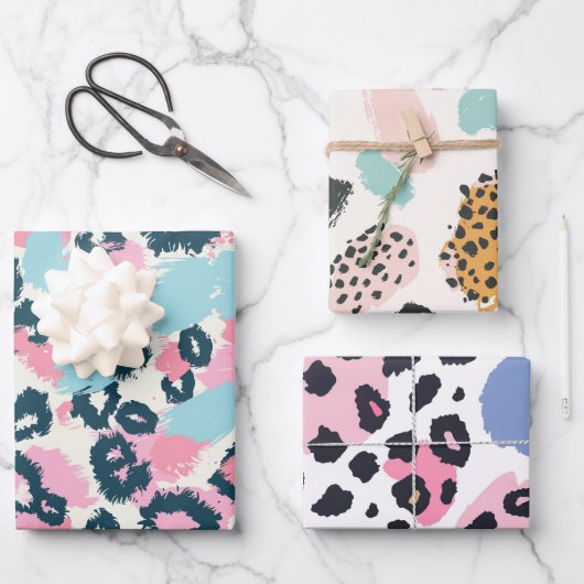 Vakantie Blauw Roze Pastel Leopard Spots Inpakpapier Vel (Voorkant)