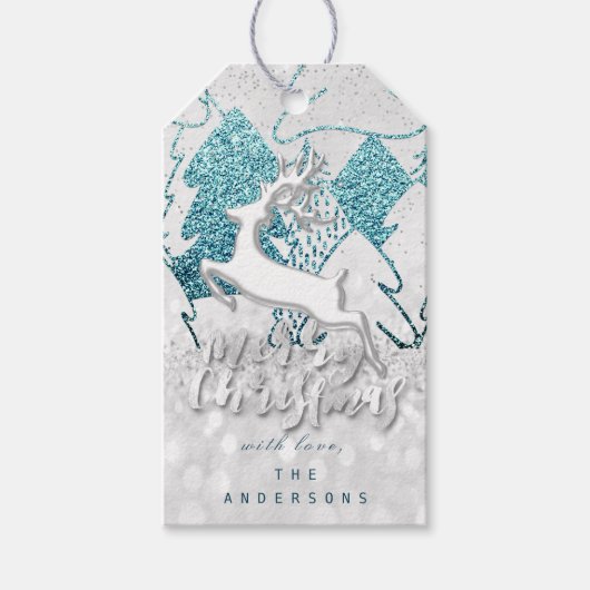 Vakantie Blauwe Vonk Harten Kerstmis Rendier Grijs Cadeaulabel (Voorkant)