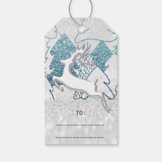 Vakantie Blauwe Vonk Harten Kerstmis Rendier Grijs Cadeaulabel (Achterkant)