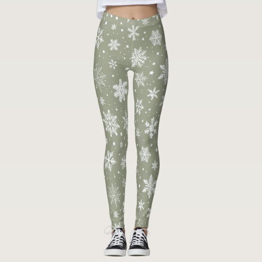 Vakantie Bleke groene en witte sneeuwvlokken Leggings (Voorkant)