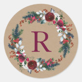 Vakantie Bloemen Kerst Krans Monogram Ronde Sticker (Voorkant)