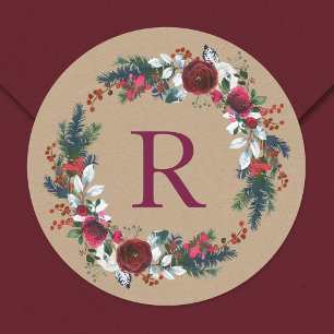 Vakantie Bloemen Kerst Krans Monogram Ronde Sticker