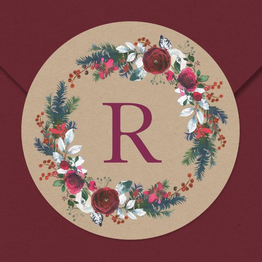 Vakantie Bloemen Kerst Krans Monogram Ronde Sticker