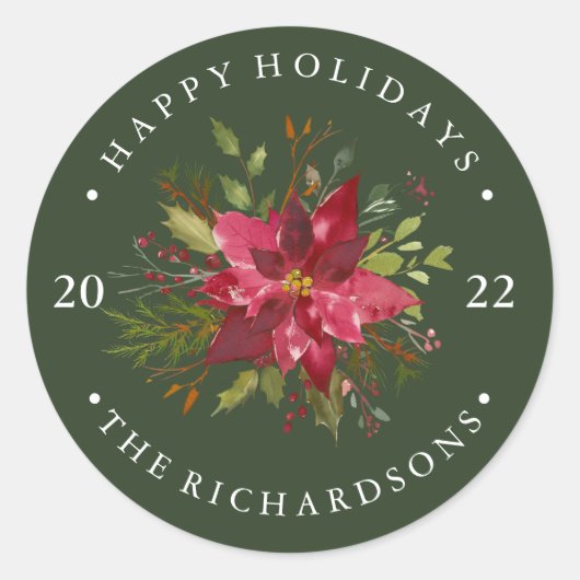 Vakantie Bloemen Poinsettia Donkergroen Ronde Sticker (Voorkant)