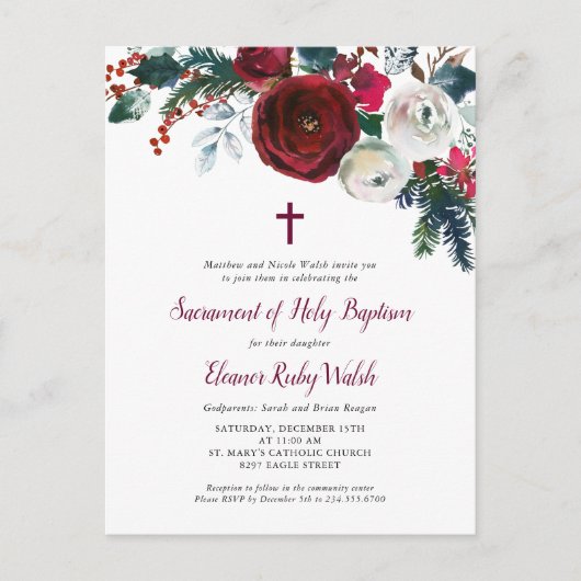 Vakantie Bloemen Winter Doop Fotouitnodiging Aankondigingskaart (Voorkant)