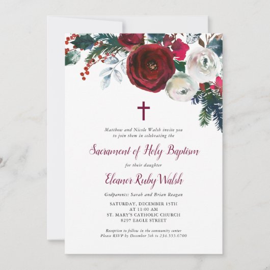 Vakantie Bloemen Winter Doop Uitnodiging (Voorkant)