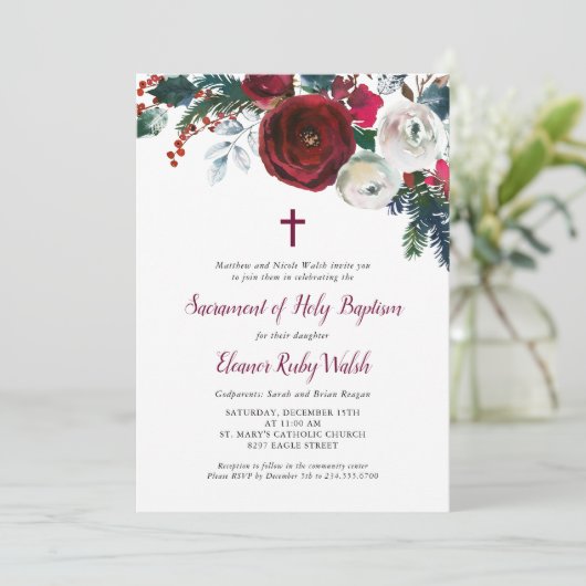 Vakantie Bloemen Winter Doop Uitnodiging (Staand voorkant)