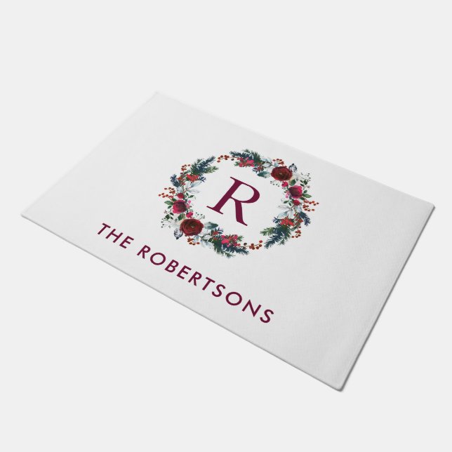 Vakantie Bloemenkrans Monogram Gepersonaliseerd Deurmat (Schuin)