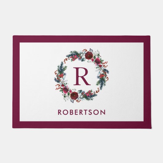 Vakantie Bloemenkrans Monogram Gepersonaliseerd Deurmat (Voorkant)