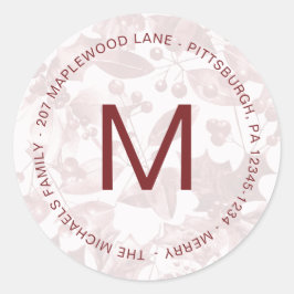 Vakantie botanisch met rood monogram en adres ronde sticker