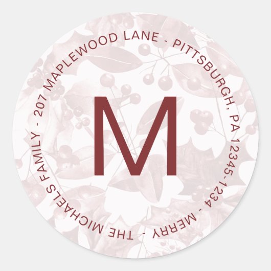Vakantie botanisch met rood monogram en adres ronde sticker (Voorkant)