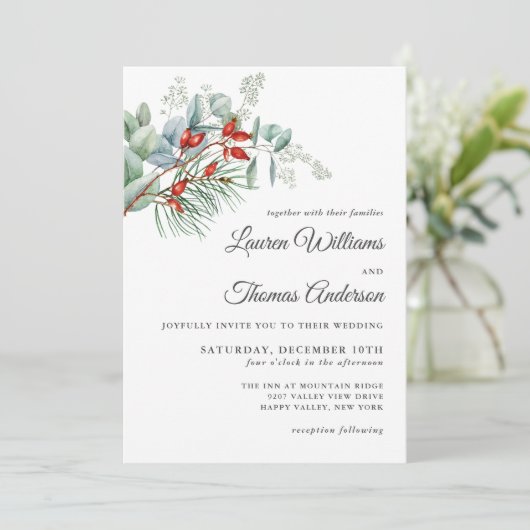 Vakantie Botanische groen en bessen bruiloft Kaart (Staand voorkant)