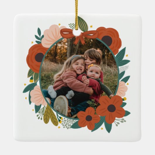 Vakantie Botanische Rode Bloemen Krans Kerstmis Fa Keramisch Ornament (Achterkant)