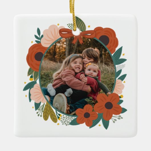 Vakantie Botanische Rode Bloemen Krans Kerstmis Fa Keramisch Ornament (Voorkant)