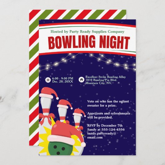 Vakantie Bowling Night Santa Hats Blauwe Achtergro Kaart (Voorkant / Achterkant)