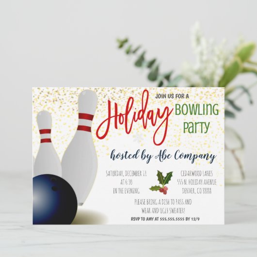 Vakantie Bowling Party uitnodiging (Staand voorkant)
