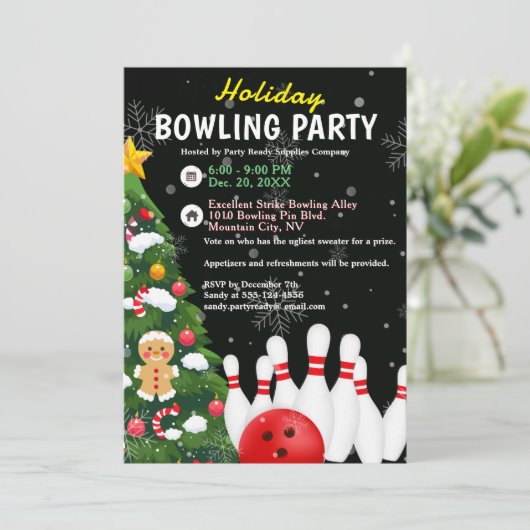Vakantie Bowling Party Xmas Tree Black Achtergrond Kaart (Staand voorkant)
