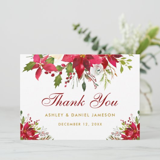 Vakantie Bruiloft Poinsettia Bloemen Rood Goud Bedankkaart (Staand voorkant)