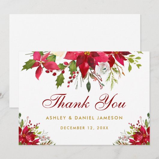 Vakantie Bruiloft Poinsettia Bloemen Rood Goud Bedankkaart (Voorkant / Achterkant)