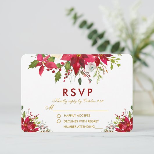 Vakantie Bruiloft Poinsettia Bloemen Rood Goud RSV RSVP Kaartje (Staand voorkant)