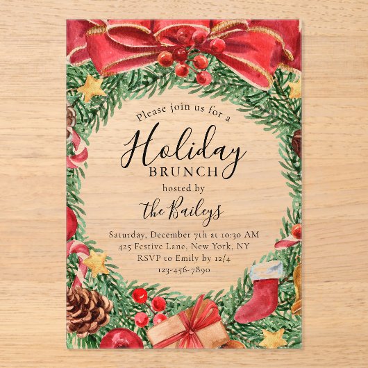 Vakantie Brunch Chic Bloemen Kerstfeest Acryl Uitnodigingen (Voorkant)