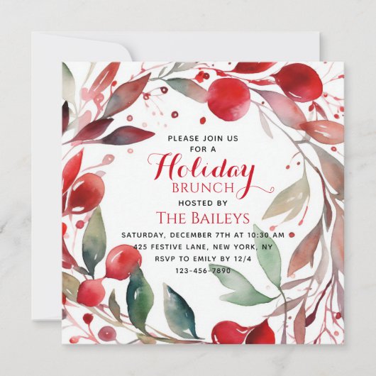 Vakantie brunch Elegante kerst rode bloemenkrans Kaart (Voorkant)