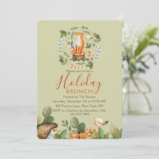 Vakantie Brunch Kerstbrunch Schattige Woodland Fox Kaart (Staand voorkant)