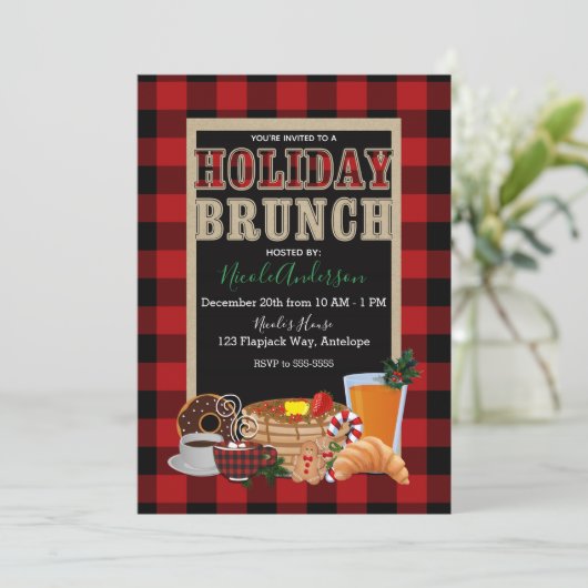 Vakantie Brunch Rustiek Rood Zwart Buffalo Plaid Kaart (Staand voorkant)