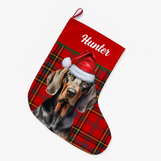 Vakantie BT Coonhound Red Green Plaid Dog's Name Grote Kerstsok (Voorkant (Hangend))