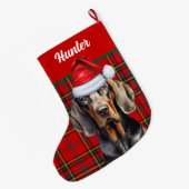 Vakantie BT Coonhound Red Green Plaid Dog's Name Grote Kerstsok (Achterkant (Hangend))