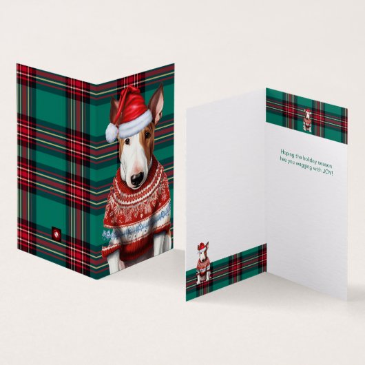 Vakantie Bull Terrier Hond Red Green Plaid Kerstmi Kaart (Binnen en buitenkant)