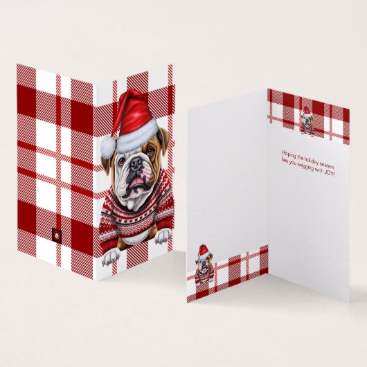 Vakantie Bulldog Rood en Wit Geplakt Kerstmis Kaart (Binnen en buitenkant)
