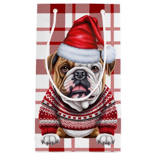 Vakantie Bulldog Rood en Wit Geplakt Kerstmis Klein Cadeauzakje (Voorkant)