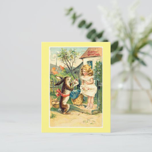 Vakantie Bunny & Meisje  Pasen Briefkaart (Staand voorkant)