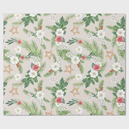 Vakantie Cadeauverpakking Crème Bloemen en Sterren Cadeaupapier (Vlak)