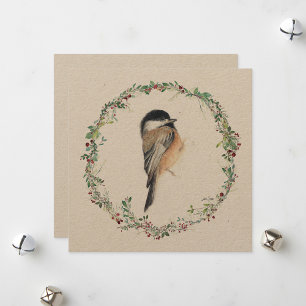 Vakantie Chickadee Waterverf Schilderij Feestdagenkaart