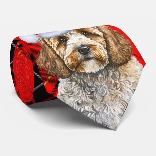 Vakantie Cockapoo Kersthond op Red Plaid Stropdas (Opgerold)