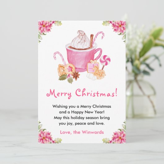 Vakantie Cookies en Cacao Roze Vrolijk kerstfeest Feestdagenkaart (Staand voorkant)