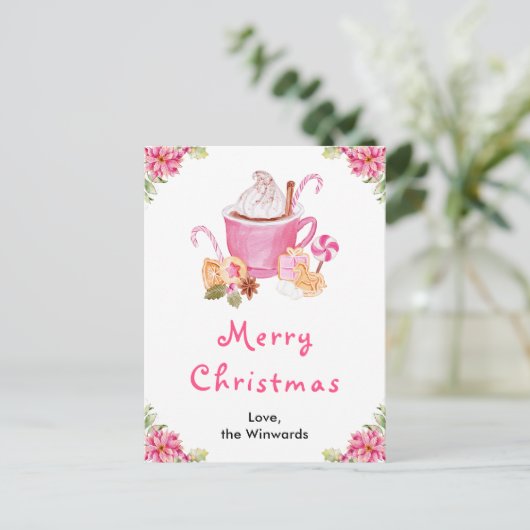 Vakantie Cookies en Cacao Roze Vrolijk kerstfeest Feestdagenkaart (Staand voorkant)